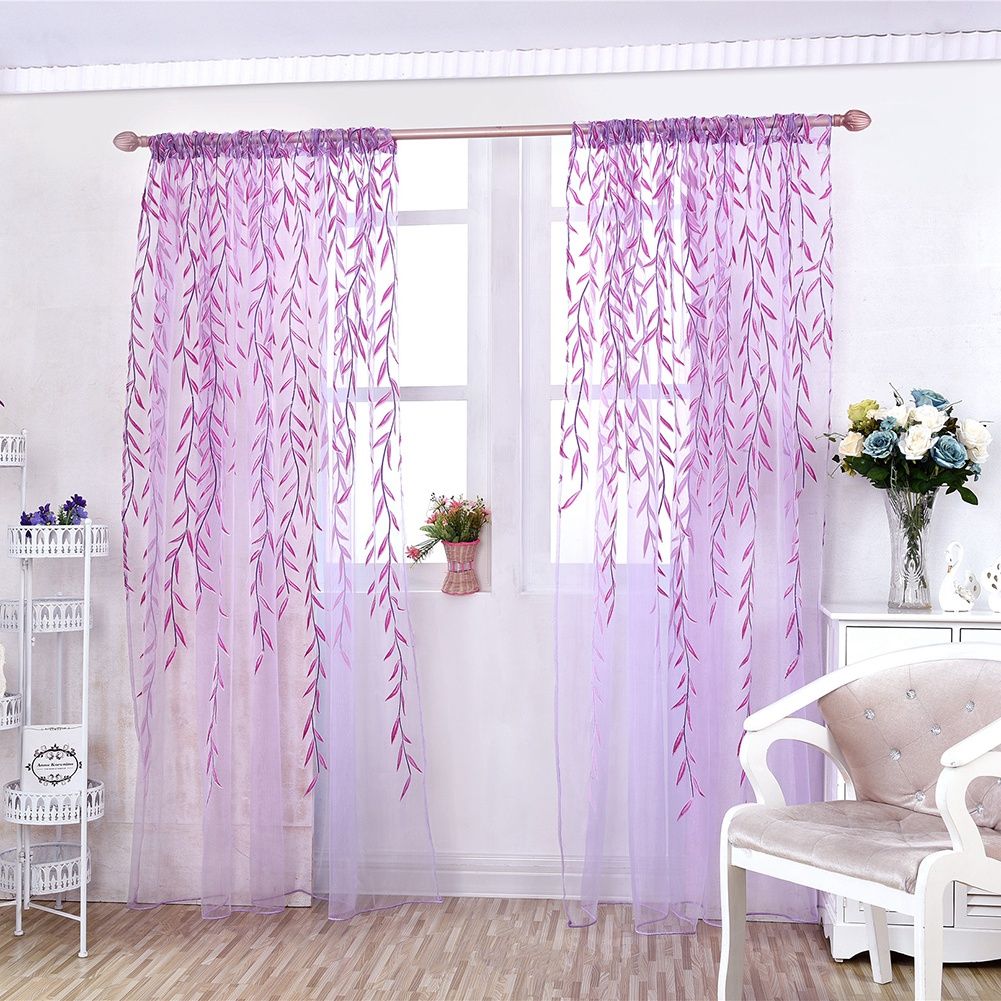 Wicker Print Sheer Vintage Embroidery Voile Window Panels for Bedroom Purple 100 x 200 cm — image 3