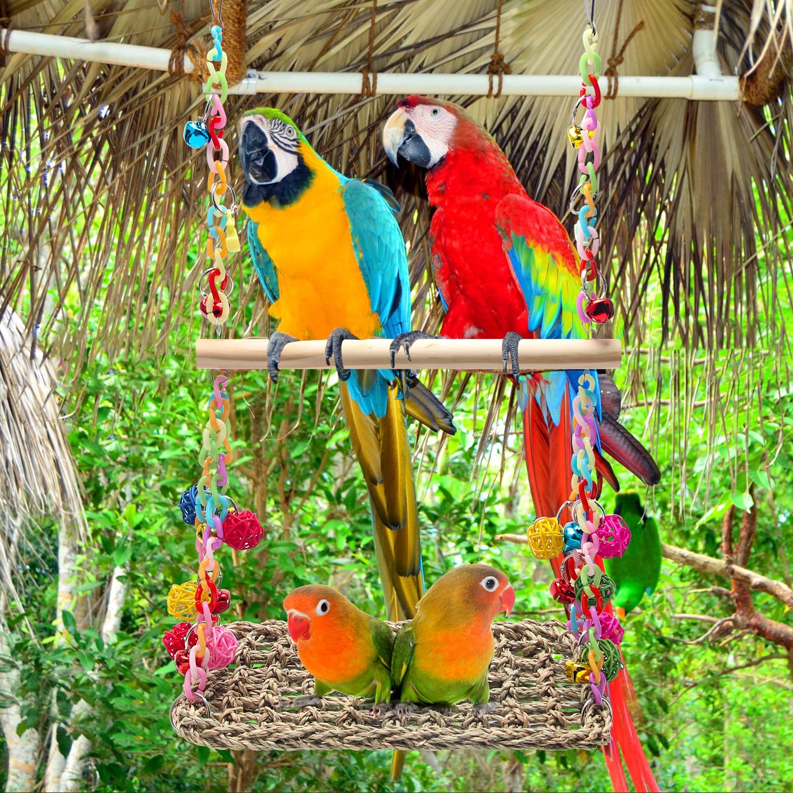 Bird Swing Toy Cool Running Bird Hanger Hanging Swing Nest Vine Mesh Weaving Bird Swing Toy Colorful Bell — image 2