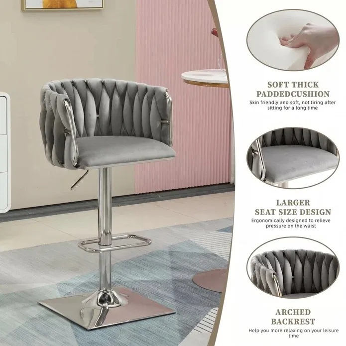 SERENITà Modern Velvet Breakfast Bar Stools Swivel Barstools Adjustable Counter Stools with Backrest (Silver-Grey) — image 4