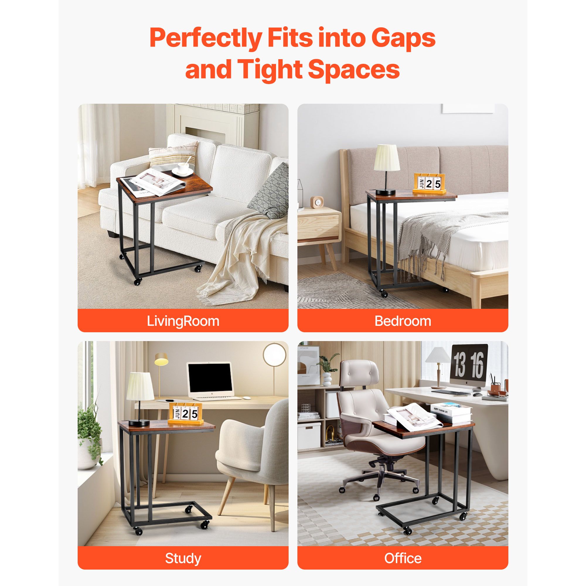 C Table, C Shaped Sofa Side Table with Metal Frame Rolling Casters, Portable C Shaped End Stand for Living Room Bedroom Office, 19.69 x 13.78 x 23.82 inches — image 6