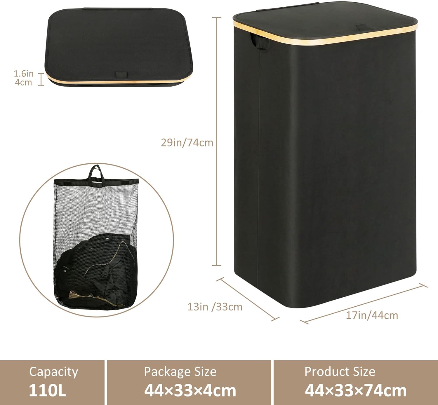 Laundry Hamper with Lid - Waterproof Freestanding Laundry Basket with Removable Liner Bag, Collapsible 110L Large Clothes Storage Laundry Bin with Easy Carry — image 3