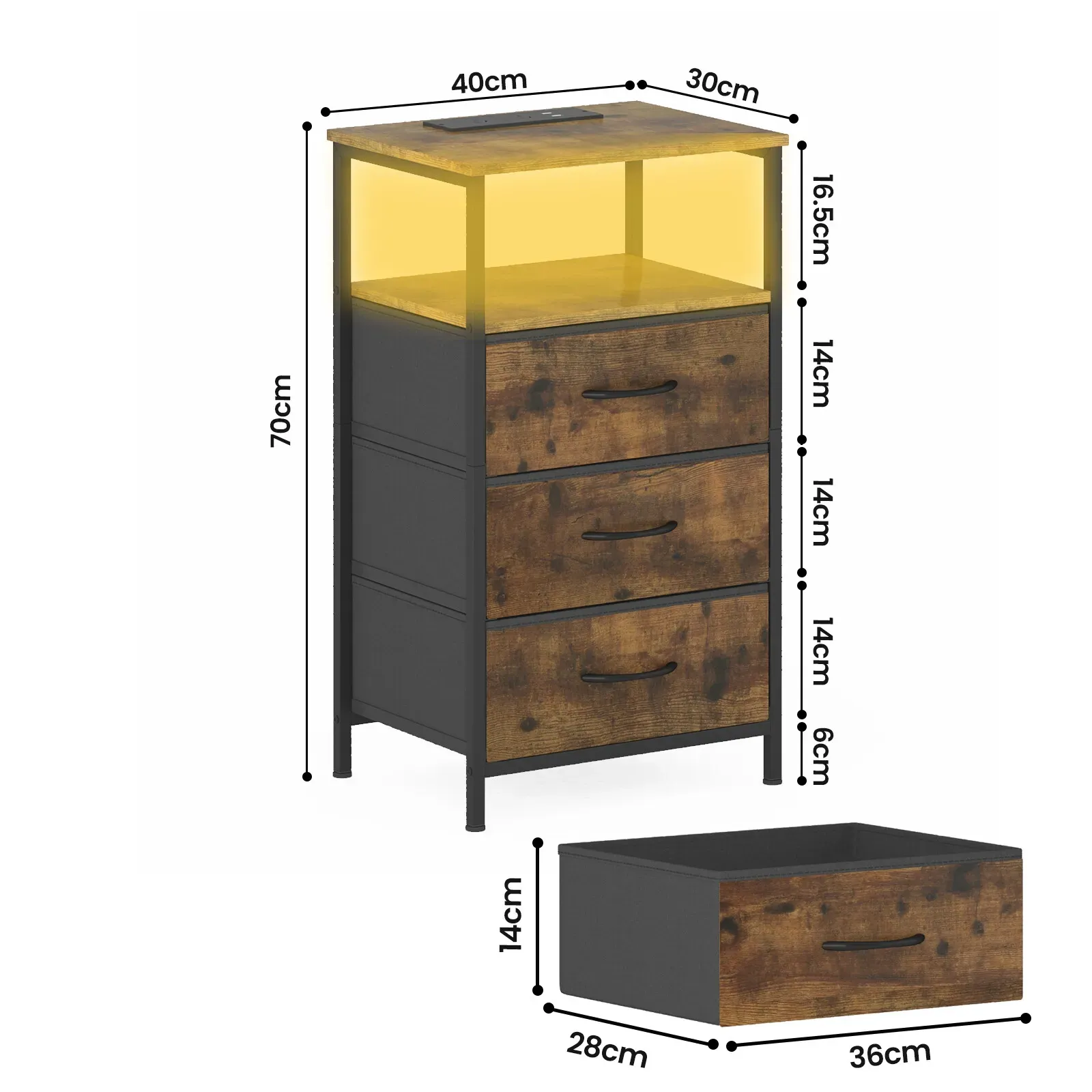 Nightstand with RGB LED Light and Charging Station, Brown, 40x30x70cm โ image 2