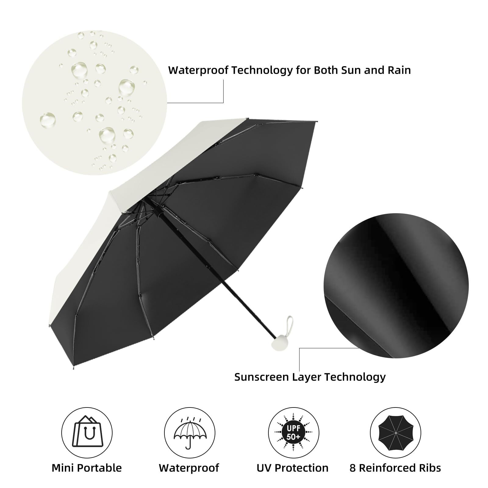 Mini Travel Umbrella – Compact Sun & Rain Protection for Women, Kids | UV-Blocking Pocket Umbrella with Case | Lightweight Foldable Umbrella(white) — image 5