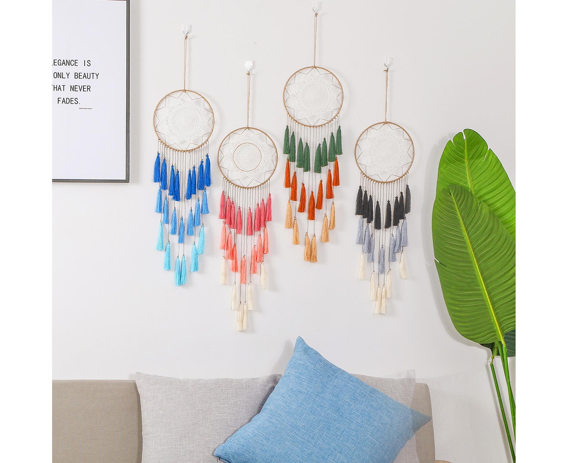 Round Handmade Wall Hanging Wind Chime Dream Catcher with Tassel Home Decor-White — image 2