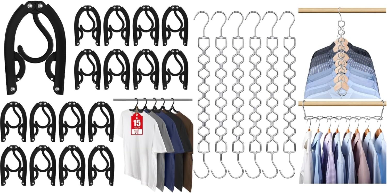 6 Pack Space Saving Hangers for Clothes, Heavy Duty 30Lbs Capacity Clothes Metal Hanger Organizer, 15 Pcs Travel Hangers Portable Foldable Travel Hanger