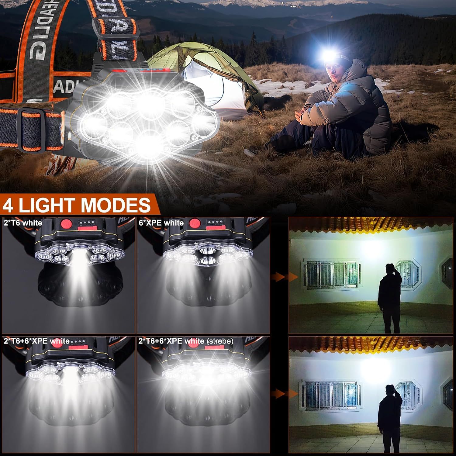 Headlamp Rechargeable, 2000 Lumen Super Bright 8 LED Head Lamp, 4 Modes Lightweight USB Head Light, IPX5 Waterproof Headlamp Flashlight for Outdoor Camping — image 4