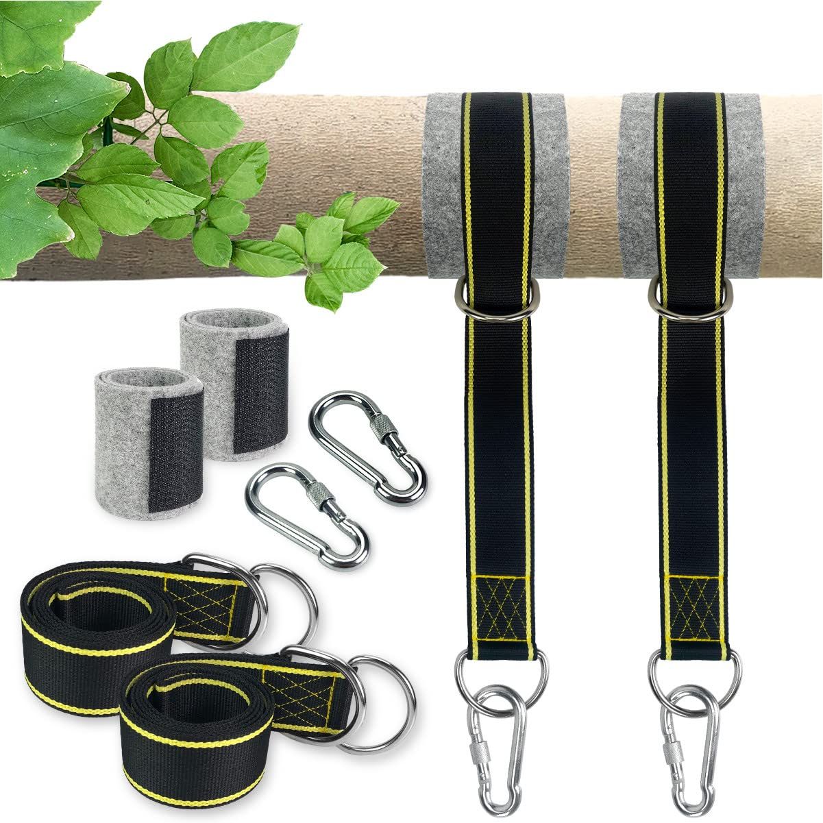 Hanging Straps Kit -5ftx2 Hammock Straps with 2 Heavy Duty Locking Carabiners and 2 Tree Protectors, Polyester Straps Perfect
