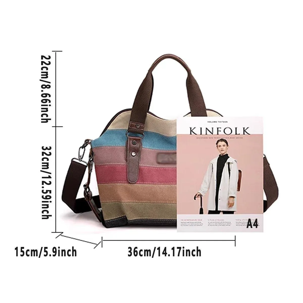 Rainbow Stripe Canvas Bag Patchwork Tote Bag Fashion Handbag Women Shoulder Bag โ image 3