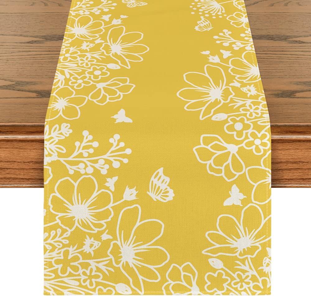 Yellow Bloom Flowers Butterfly Spring Table Runner, Seasonal Holiday Kitchen Dining Table Decoration for Home Party Indoor 13 × 72 Inch