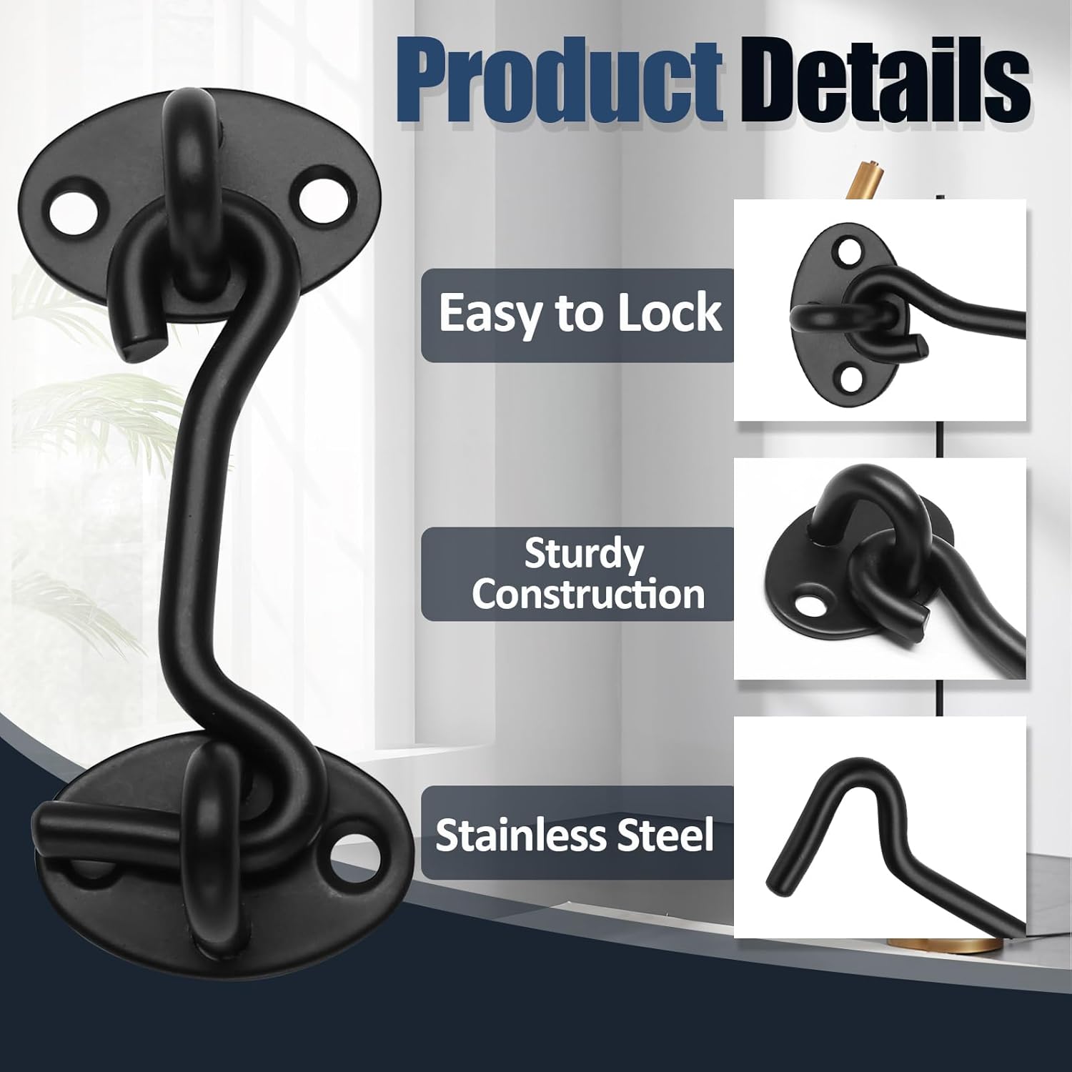 Biaungdo Heavy Duty Hook and Eye Latch, 3 Inch Black Privacy Hook Barn Door Lock Easy Lock, Stainless Steel Gate Latch for โ image 3