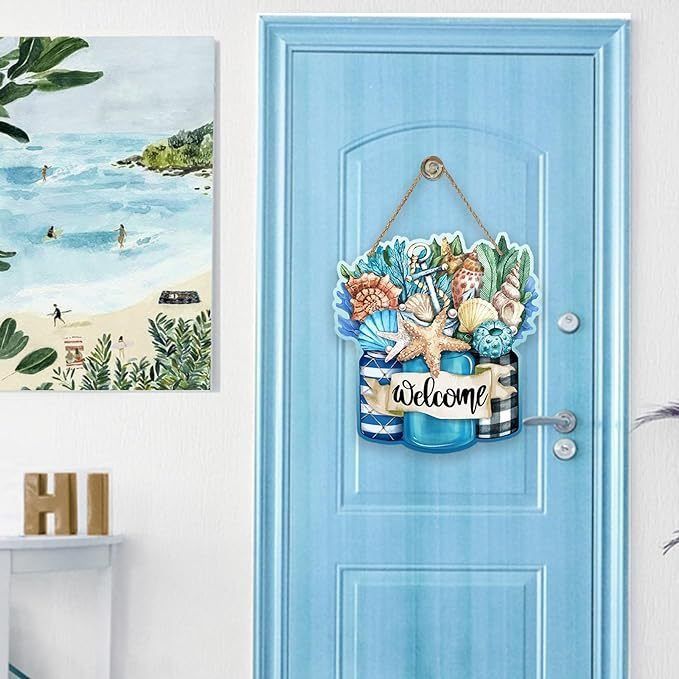 Front Door Sign, Beach Coastal Starfish Conch Coral Wood Door Hanger Outdoor Outside Porch Decor, Nautical Sword Wooden — image 5