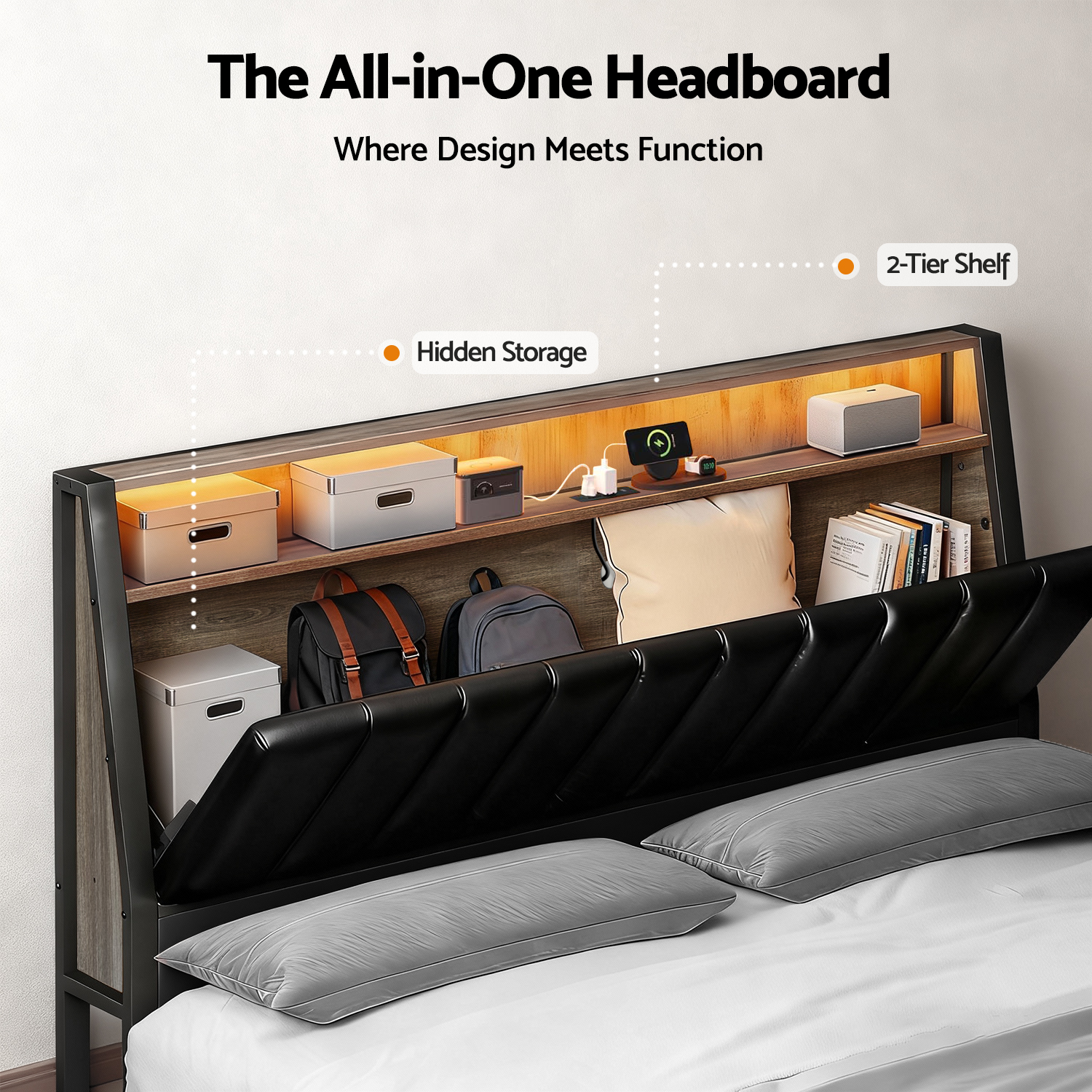 Artiss Queen Bed Frame LED Storage Headboard with Charging Station Black — image 5