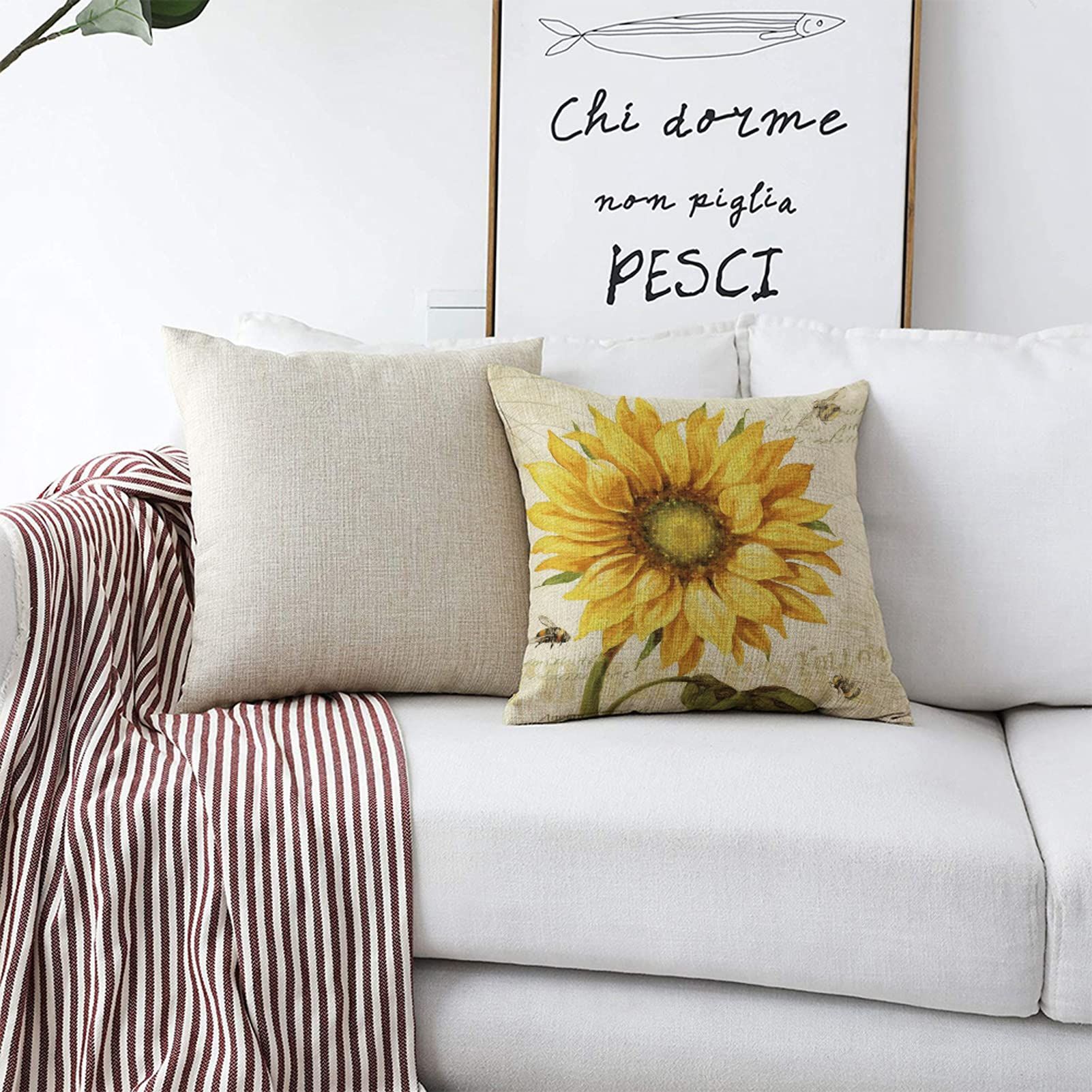 Sunflower and Bee Throw Pillow Case Oil Painting Yellow Sunflower Cotton Linen Cushion Cover 18 × 18 Inches Standard Square — image 3