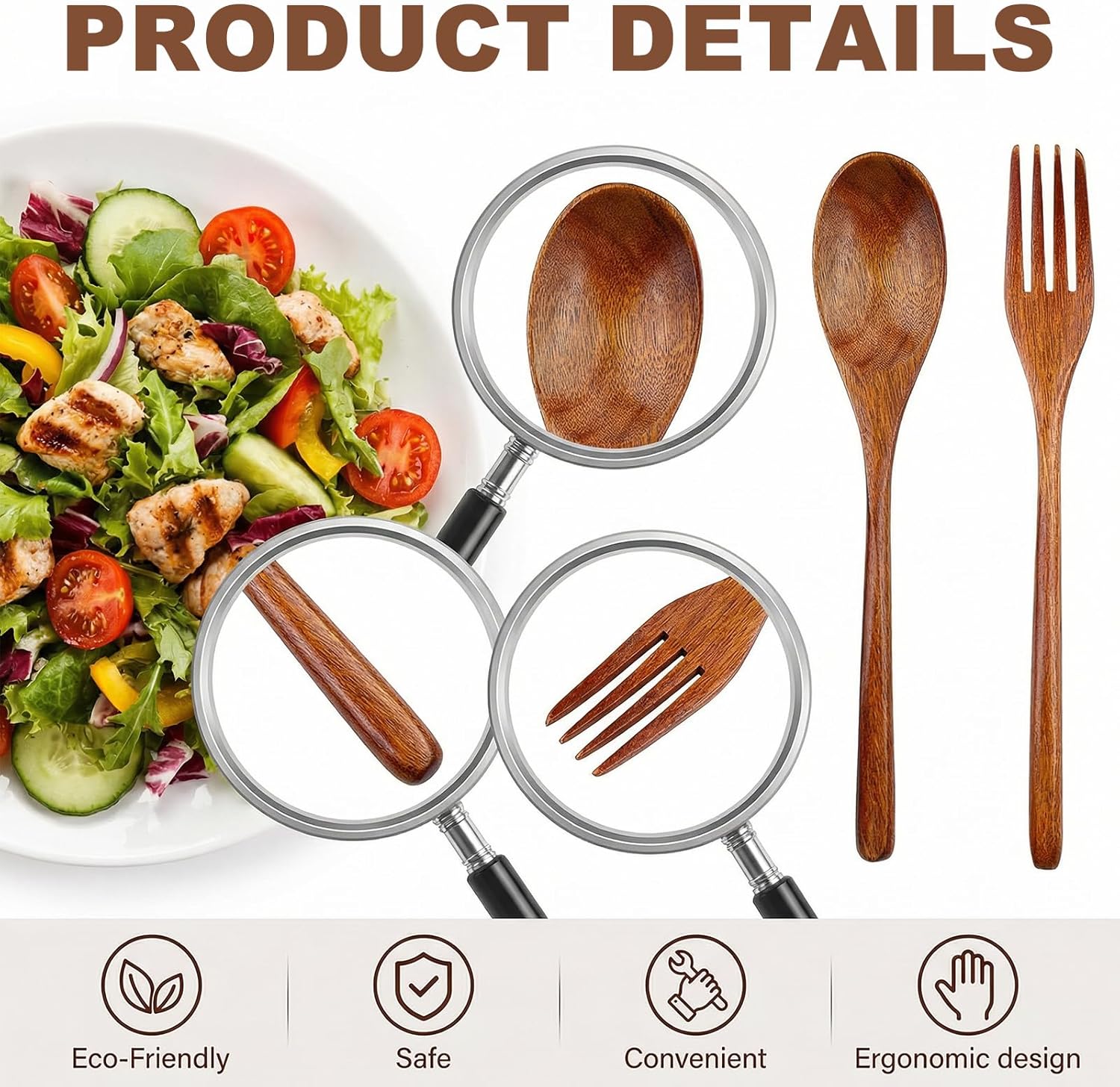 2Pcs Wooden Spoons and Forks - Reusable Wooden Utensil Set - Handmade Flatware Tableware Cutlery for Cooking Eating Kitchen Travel and Camping — image 4