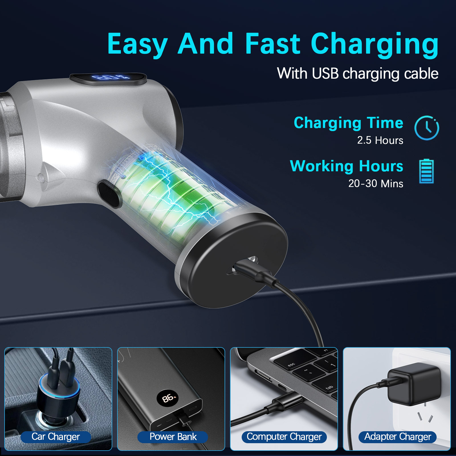 2-in-1 Cordless Handheld Vacuum & Air Duster - 12000Pa Suction, 70000 RPM, LED Light, USB-C Rechargeable(Silver) โ image 5