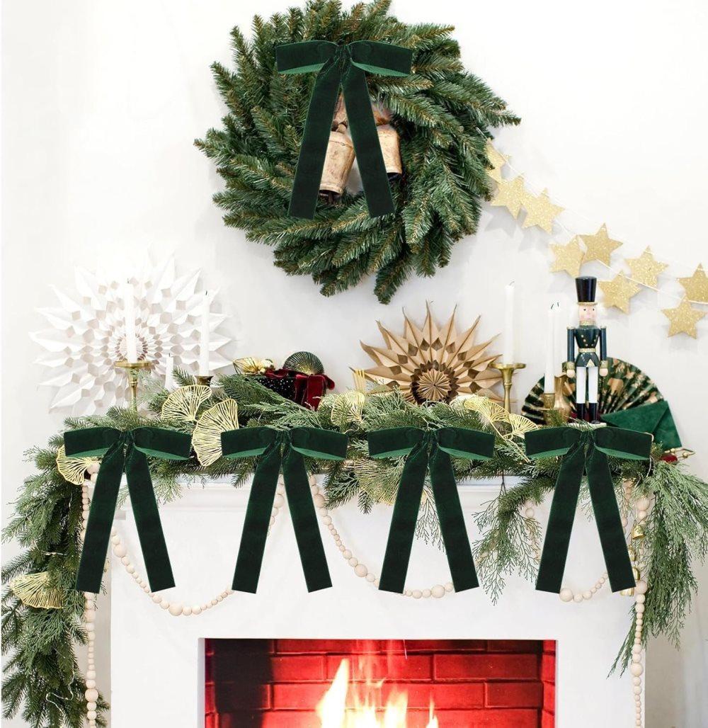 12 Christmas Bows Velvet Tree Decorations in Dark Green — image 4