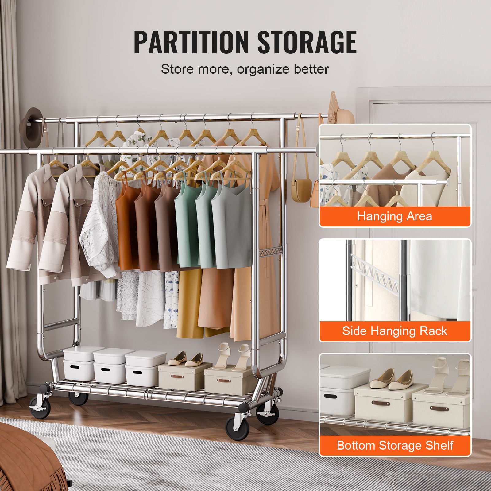 Heavy Duty Clothes Rack, Double Hanging Rod Clothing Garment Rack for Hanging Clothes, Adjustable Height and Extendable Length Clothing Rack with Bottom — image 6