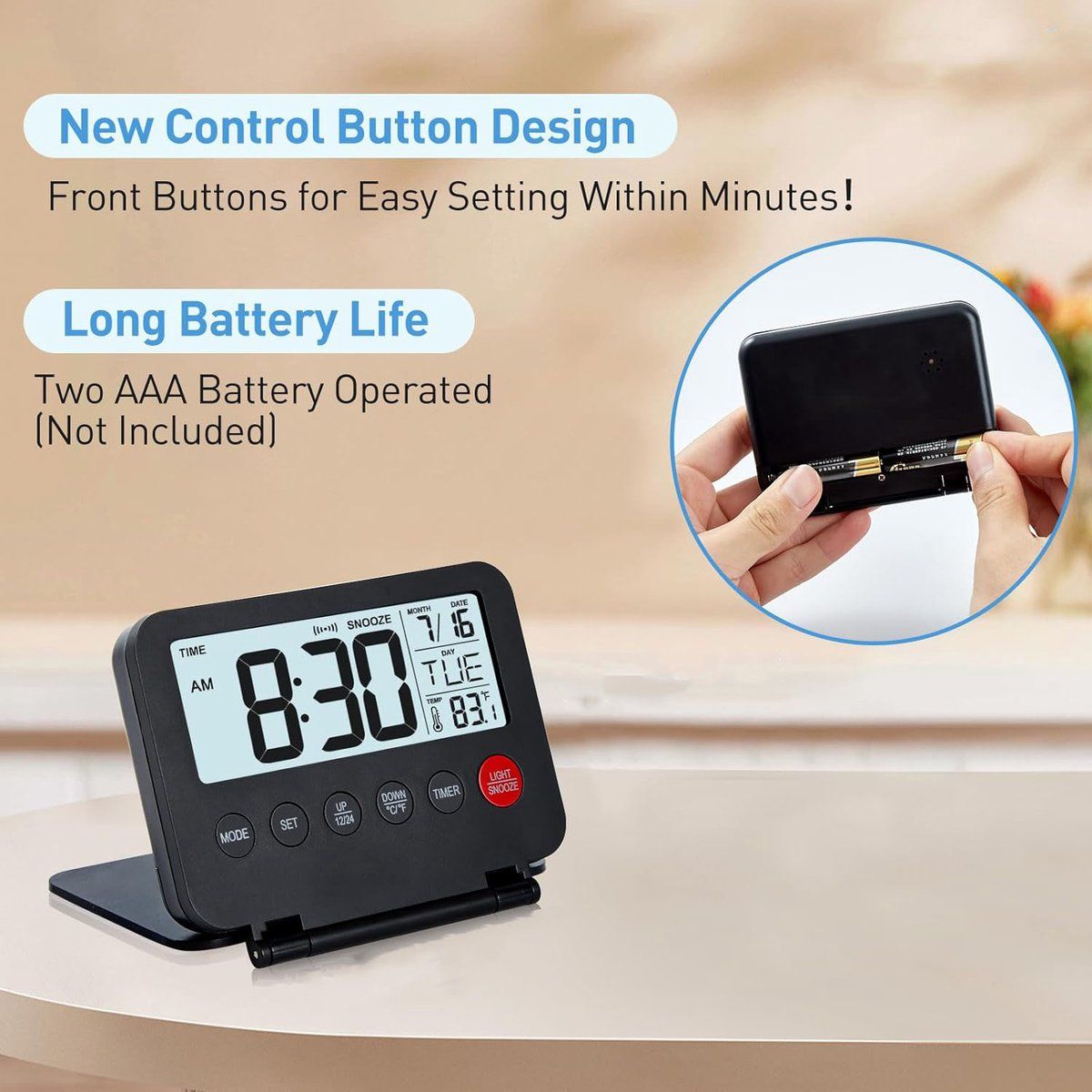 Clock Radio, Small Digital Travel Alarm Clock, Button on Front Displays Date and Temperature, for Home and Office Use Black โ image 5