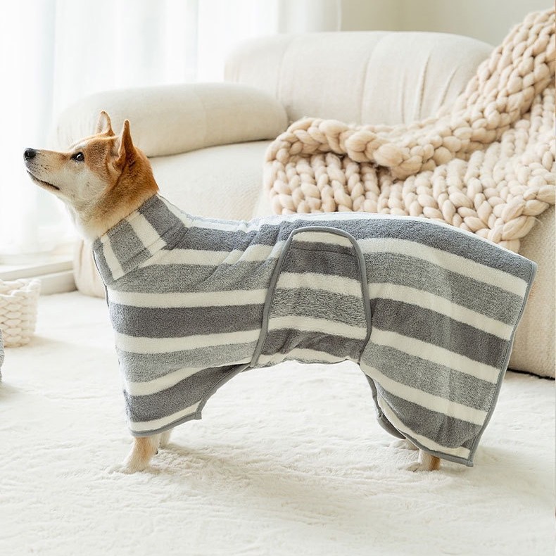Red Stripes Super Absorbent Pet Bathrobe with Waist Belt & Neck Snap - Full Coverage Quick-Drying Towel for Dogs & Cats (S Size) โ image 2