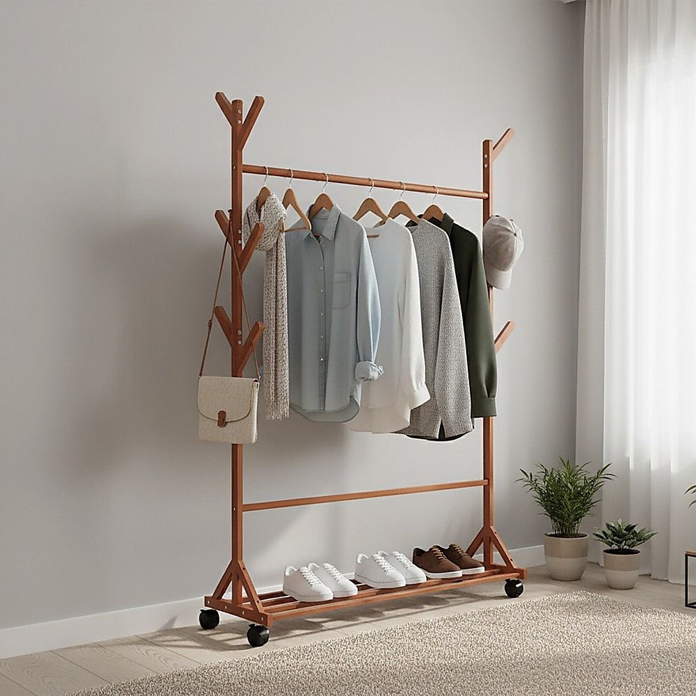 Portable Clothes Rack Coat Garment Stand Bamboo Rail Hanger Airer Closet โ image 2