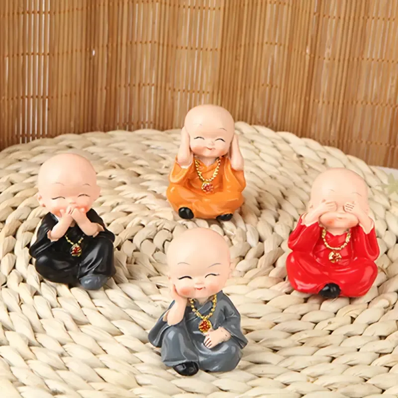 4-Pose Little Monk Resin Figurines, hand-painted, cover eyes/ears/mouth & cheek rest, mini size for car & desk decor, cute Zen vibes, stress-relief & healing — image 3
