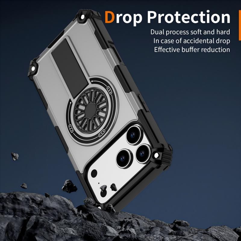 Armor Heavy Duty Magnetic Rotating Ring Kickstand Phone Case For iPhone 16 Pro Max, Anti-Drop Protective Cover In Silver — image 3