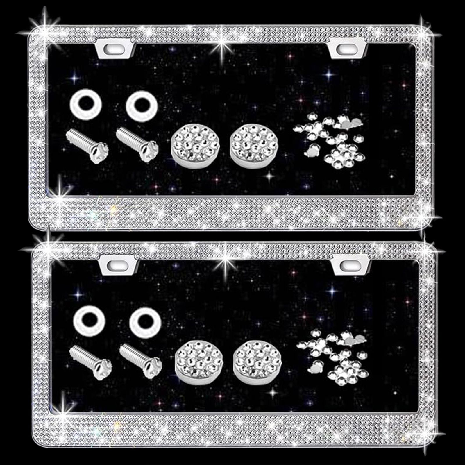 Bling License Plate Frame for Women, 4Pack Rhinestone Handcrafted Crystal Premium Stainless Steel, Stainless Steel Car Accessories with Diamond Sparkle Glitter