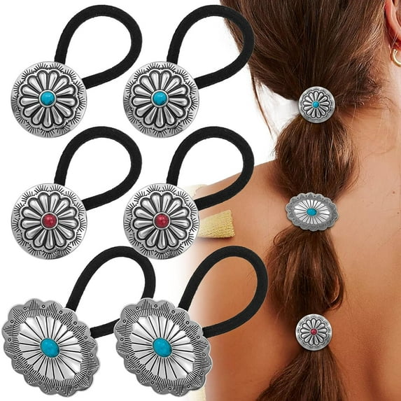 6 Pcs Western Ponytail Holders Metal Boho Hair Ties Flower Circular Hair Ropes Vintage Turquoise Concho Squash Blossom Hair Bands Decoration Accessories for