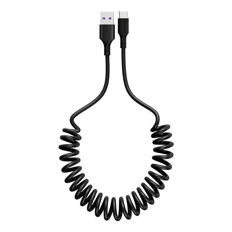 USB to USB C Cable Coiled 5A 1.5m Car Charger Cord Retractable Auto Type C Fast Charging-2-in-1 simultaneous play and charging.
