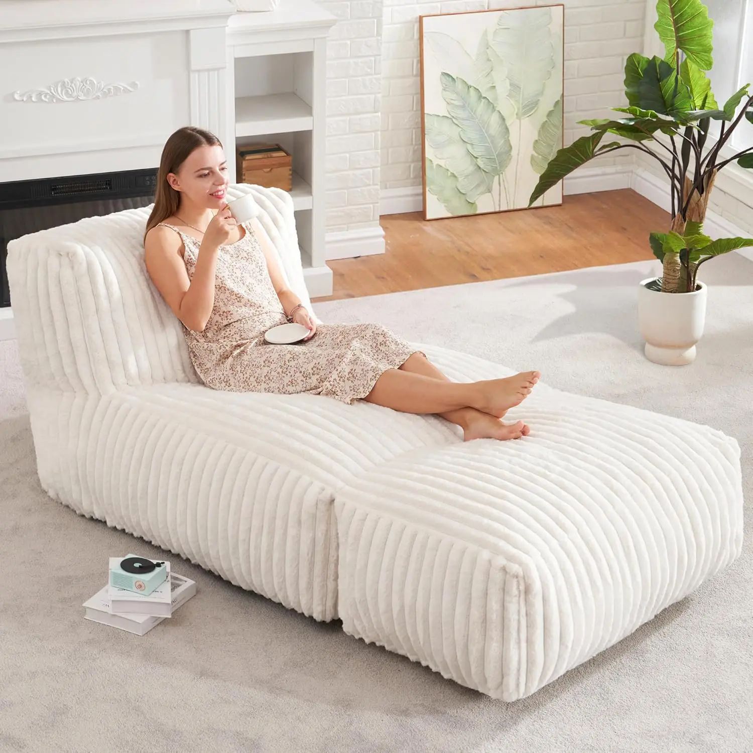 Ergonomic Bean Bag Chaise Lounger with Vertical Plush Fabric and High-Density Foam for Living Room Reading, Napping, and TV Watching (Beige)
