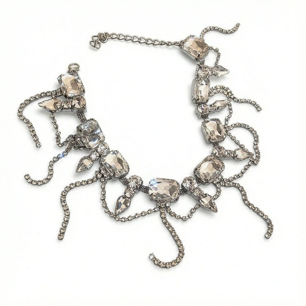 Necklace for Women Full Rhinestone Tassel Necklace Boho Bridal Necklaces for Wedding Prom Party Silver Layered Chain Necklaces — image 2