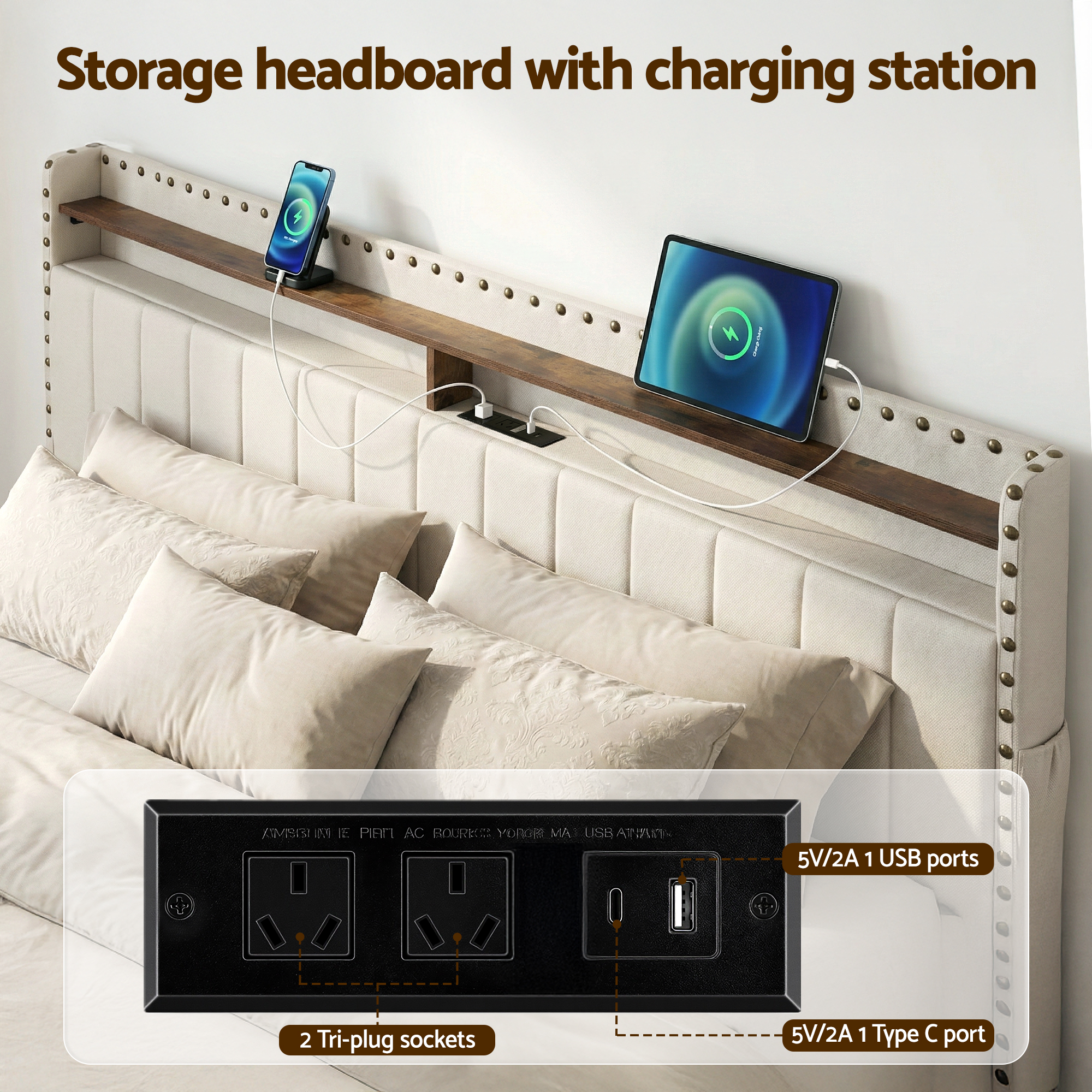 Artiss King Upholstered Bed Frame with Shelf Storage Drawers Charging Station Mood Lighting Linen โ image 5