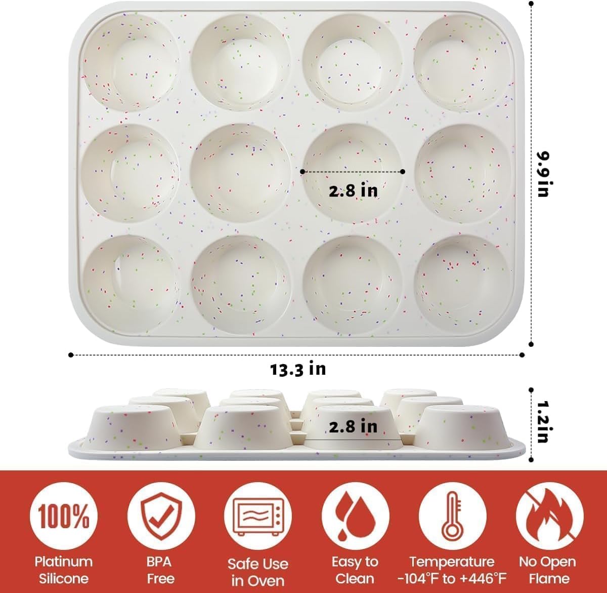 Silicone Muffin Pan, Metal Reinforced Frame Cupcake Pan 12 Cups Regular Size Easy to Move in or Out of Oven Non-Stick (2) Confetti: 2pcs โ image 5