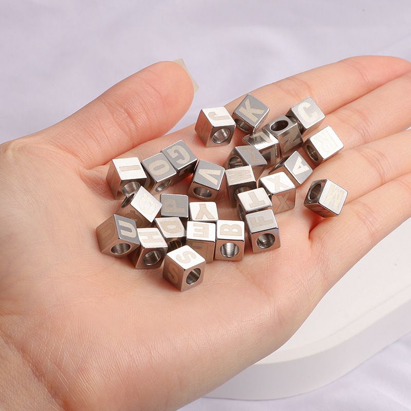 26pcs 8mm Cube Bead with Letter A-Z Spacer Beads Stainless Steel European Beads 5mm Large Hole Metal Stopper Beads โ image 3