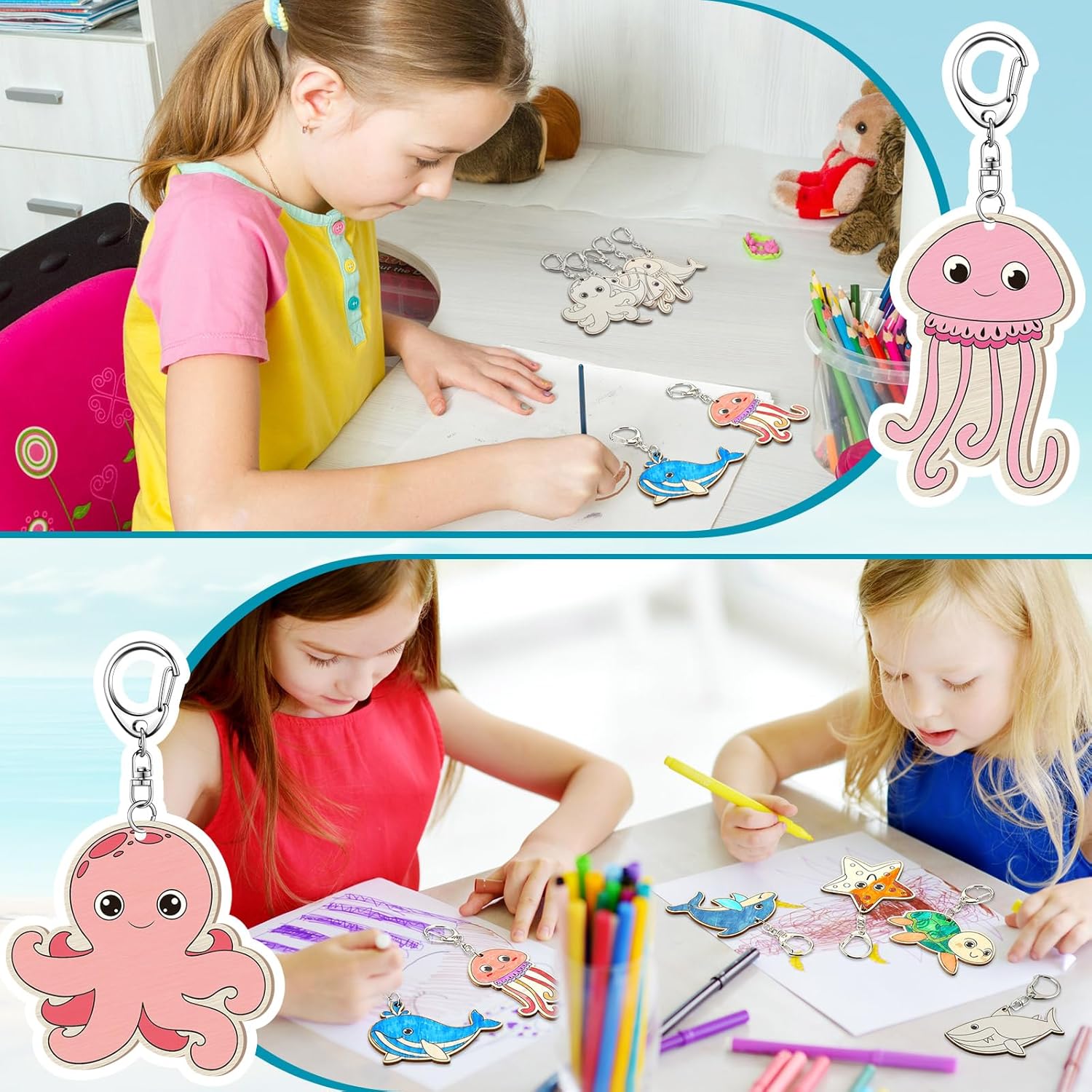 36 Pcs Sea Life Unfinished Wooden Keychains Color Your Own Unfinished Wooden Crafts Blank Wood Painting DIY Crafts for Home Activities Arts Project Decoration — image 4