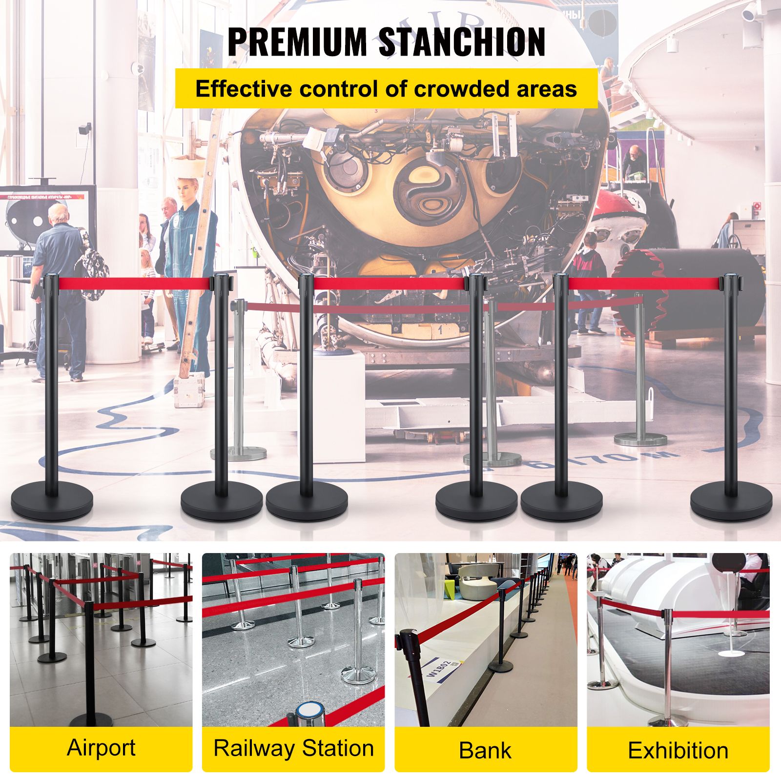 Crowd Control Stanchion, Set of 6 Pieces Stanchion Set, Stanchion Set with 6.6 ft/2 m Red Retractable Belt, Crowd Control Barrier with Rubber Base โ image 2