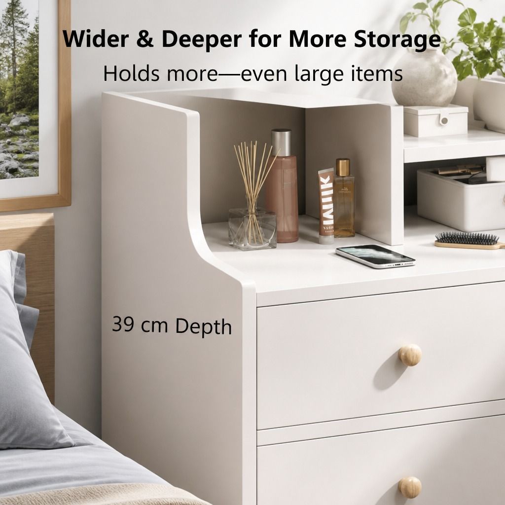 HYGGO White Nightstand Drawer Shelf Storage Tray Wooden Knob Bedside Table Minimalist โ image 5