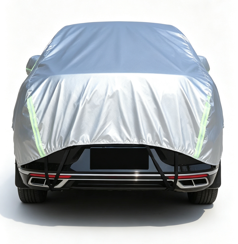 Half Car Cover Sedan with Green Reflective Strip,All Weather Car Body Cover for Sun, Rain, Dust(Fit hatchbacks Length 3.8m to 4.3m)-silver โ image 3