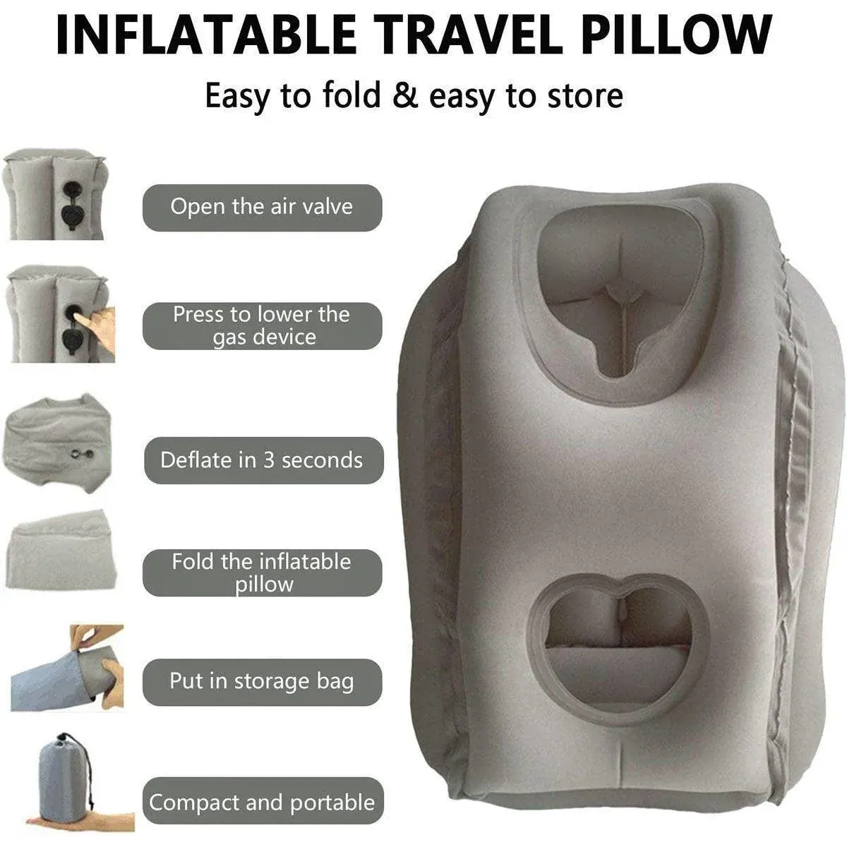 Inflatable Air Cushion Travel Pillow for Airplane Office Nap Rest Neck Head Chin - Grey โ image 5