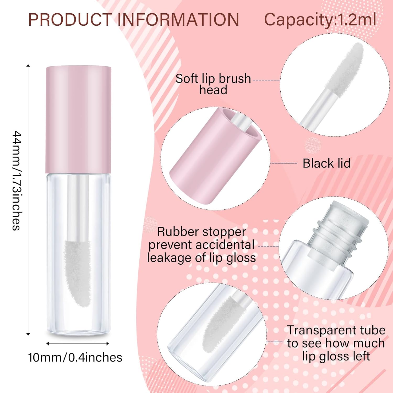 100 Pieces 1.2 ml Clear Mini Lip Gloss Tube Refillable Empty Lip Balm Gloss Containers for DIY Makeup, Pink — image 2
