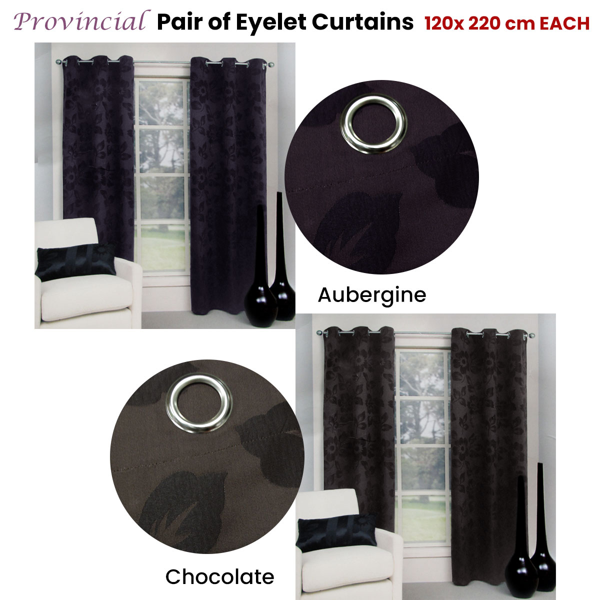 Belmondo Provincial Pair of Eyelet unlined Jacquard Curtains 120 x 220cm each Aubergine โ image 2