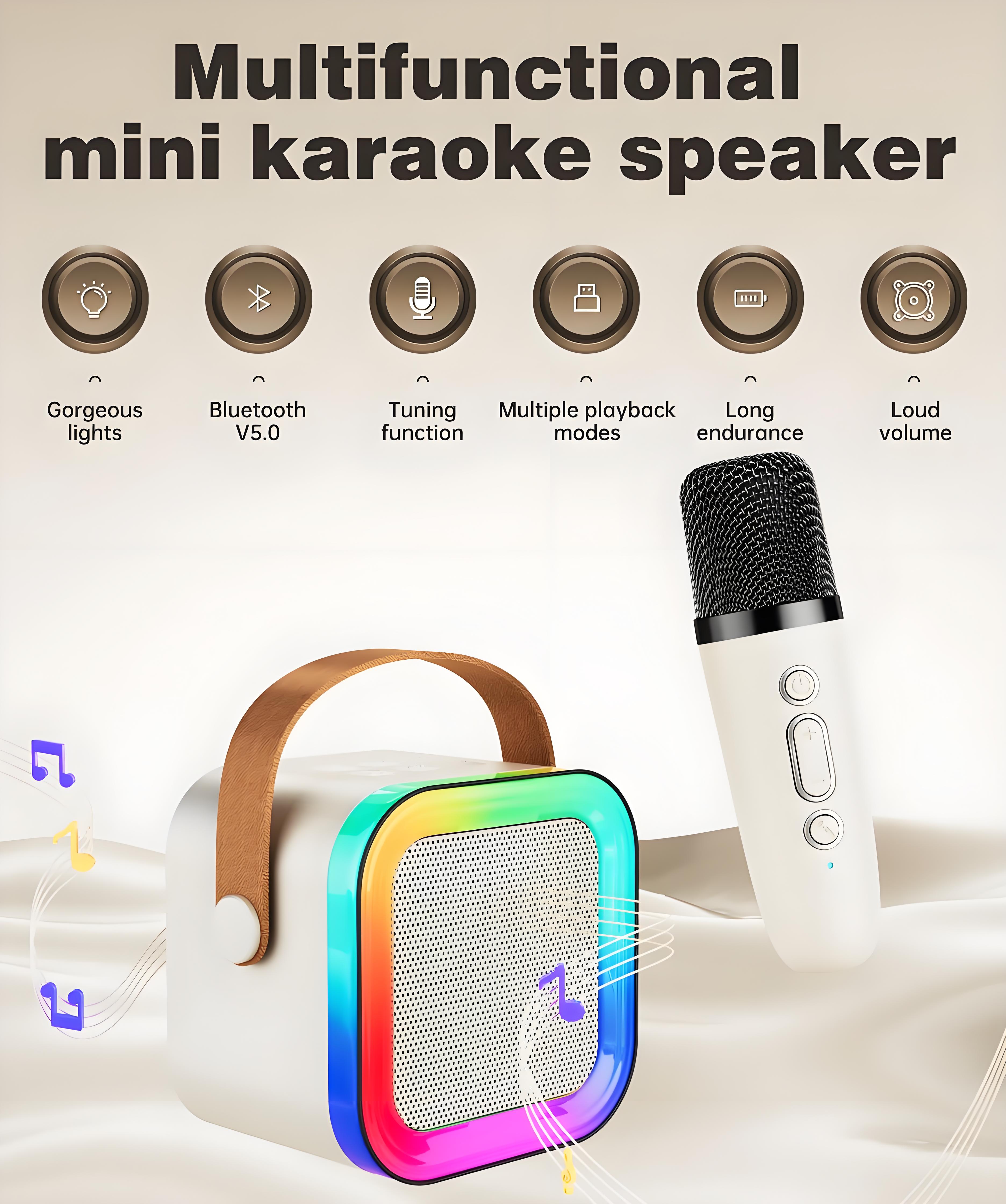 Off-White Mini Karaoke Machine with 2 Wireless Microphones: Portable Bluetooth Speaker for Kids & Adults, Ideal Gift for All Occasions — image 2