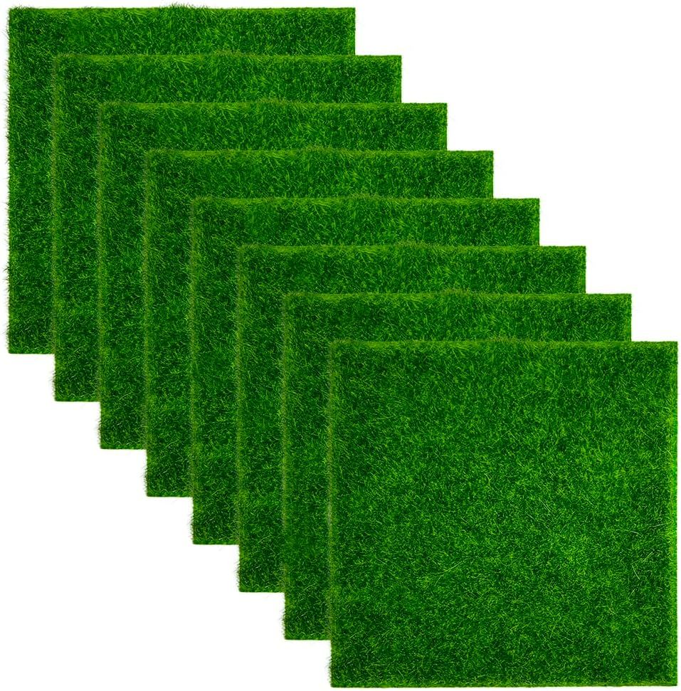 8 Pack Miniature Artificial Grass Mats, Faux Moss Craft Squares for Fairy Gardens, Dollhouses, Model Scenes and Decor, 15.2 x 15.2 cm