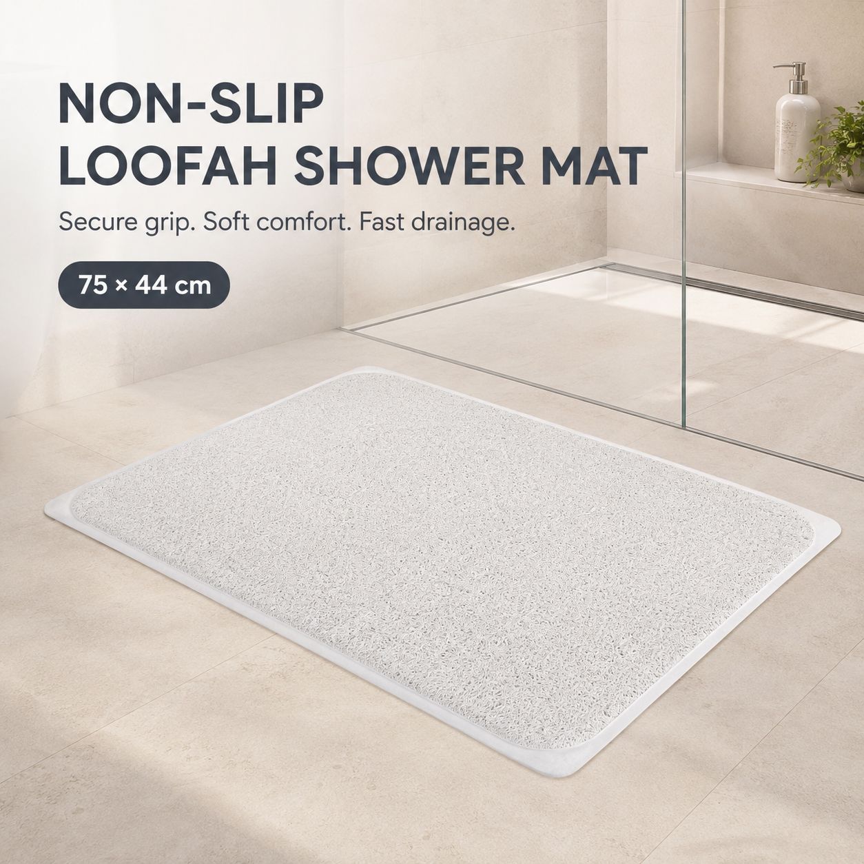 2 Pack Non-Slip Loofah Shower Mats 75x44cm Bathroom Bath Mat Machine Washable with Suction Caps Quick Drain — image 2