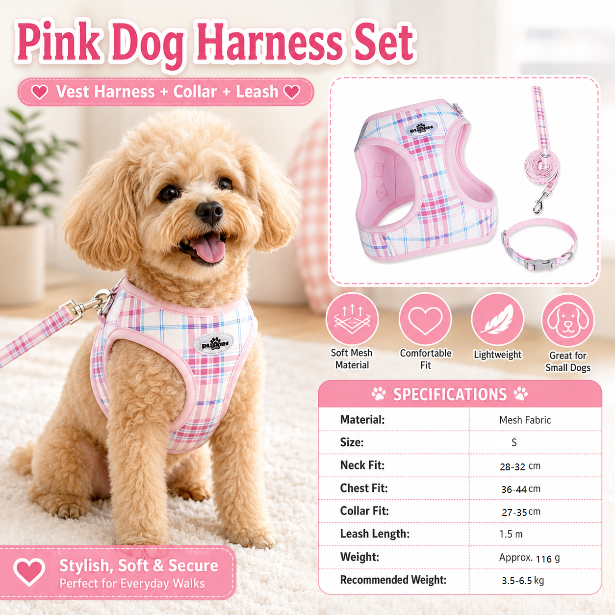 S Size Pink Classic Plaid Dog Harness Set- Breathable Mesh Vest and Adjustable Collar,WIith 1.5m Lead for pet, Anti-Pull Design