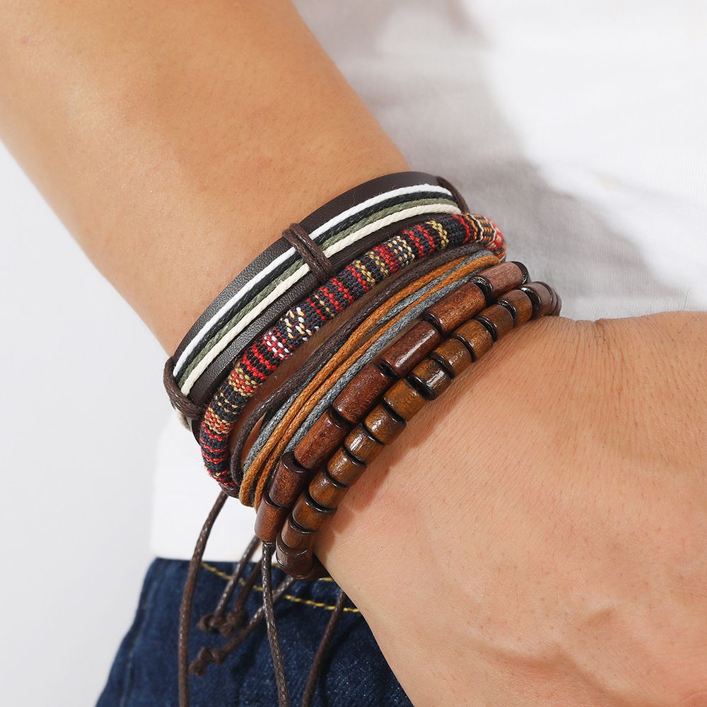 5PCS Men Women, Hemp Cords Wood Beads Ethnic Tribal Bracelets, Leather Wristbands-Wood Beaded Ethnic Tribal Cord Bracelet Hemp — image 3