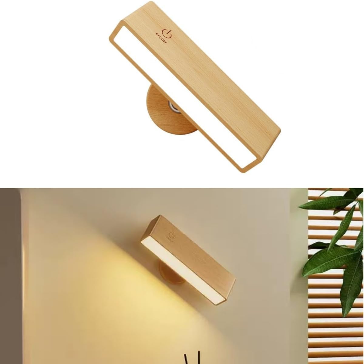 Indoor wall lamp - Wooden LED wall lamp with wireless charging - Bedroom wall lamp - 360° rotating touchscreen dimmable light - Drill-free installation
