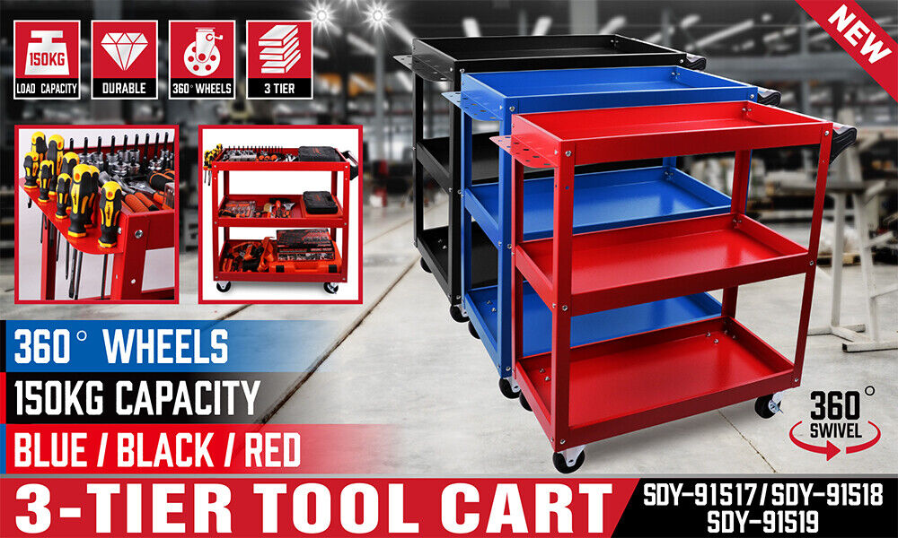 Red 3-Tier Tool Cart Trolley Toolbox Workshop Garage Storage 150KG Organizer Garage โ image 3