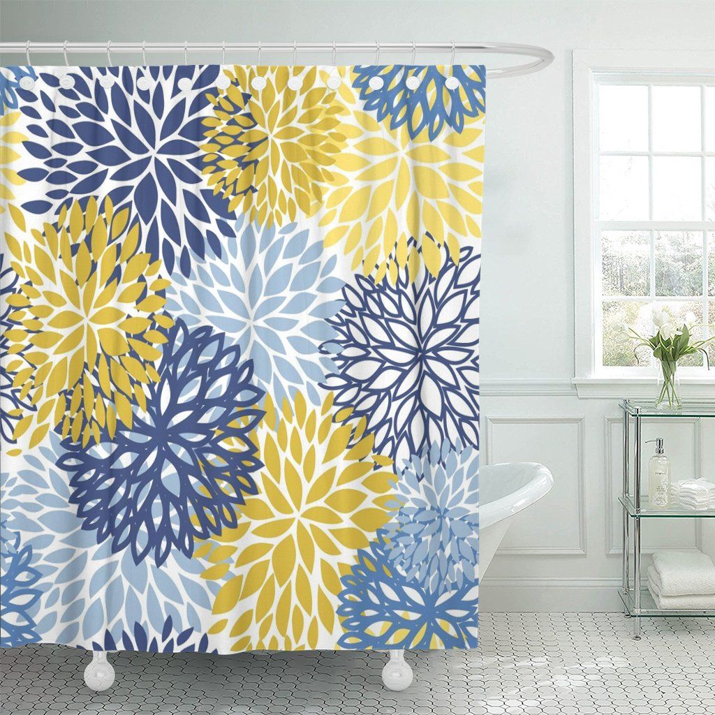 Shower Curtain Flower Blue Yellow and Navy Chrysanthemum Brown Waterproof Polyester Fabric Bathroom 72 x 72 Inches Set with Hooks