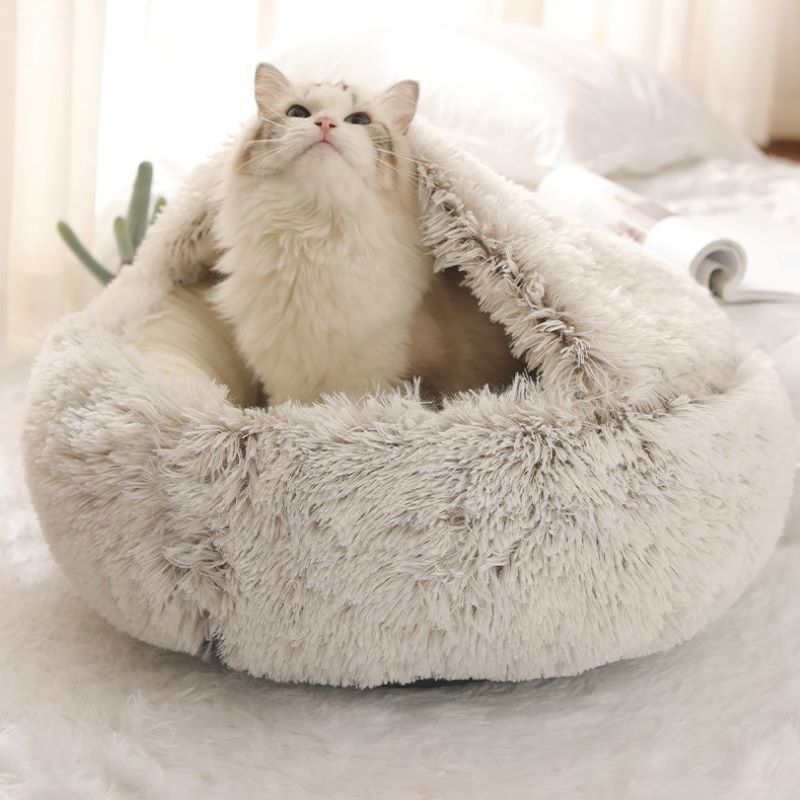 Plush Cat Cave Bed with Enclosed Slipper Design for Cats and Small Dogs, Soft Warm Pet Sleeping Nest, Grey, 40 x 40 cm